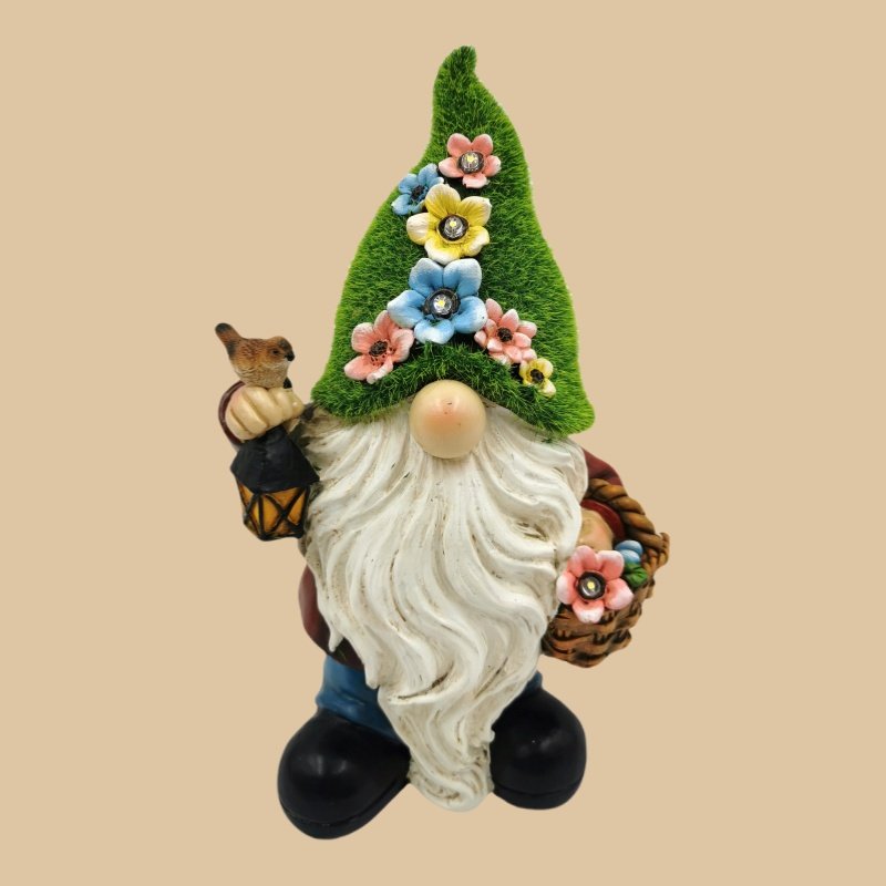 Garden Resin Statue Outdoor Decor Gnome with Solar Light Figurine Holding Lantern Lights